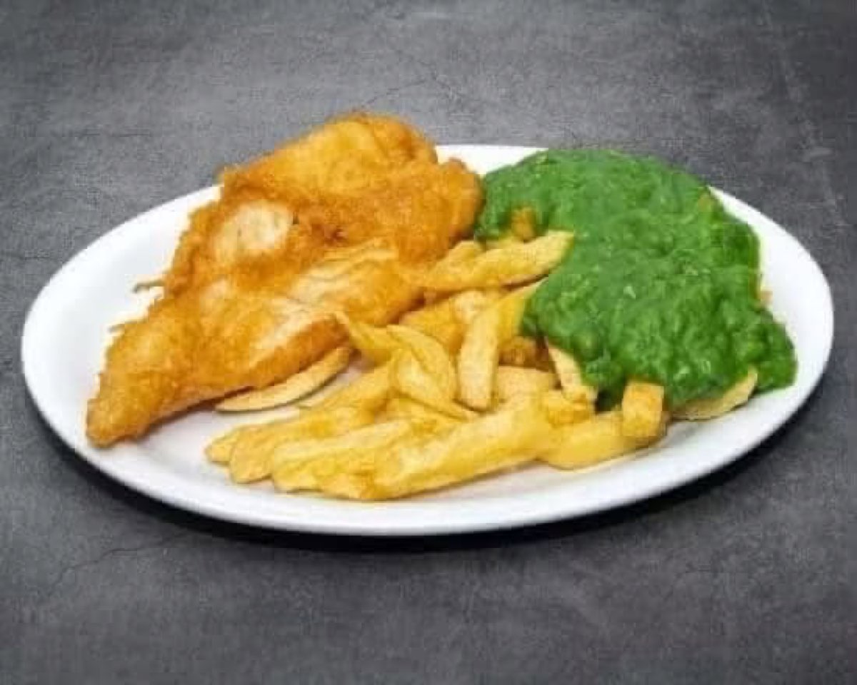 Fish, chips and mushy peas