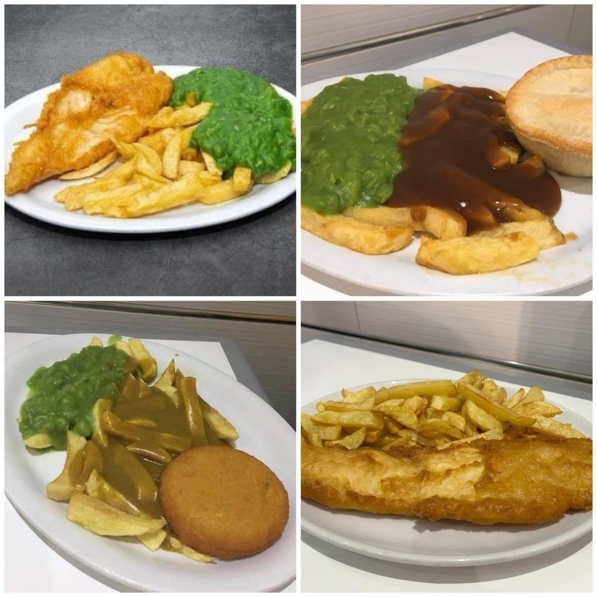 Four plates of fish, chips, gravy, curry and peas